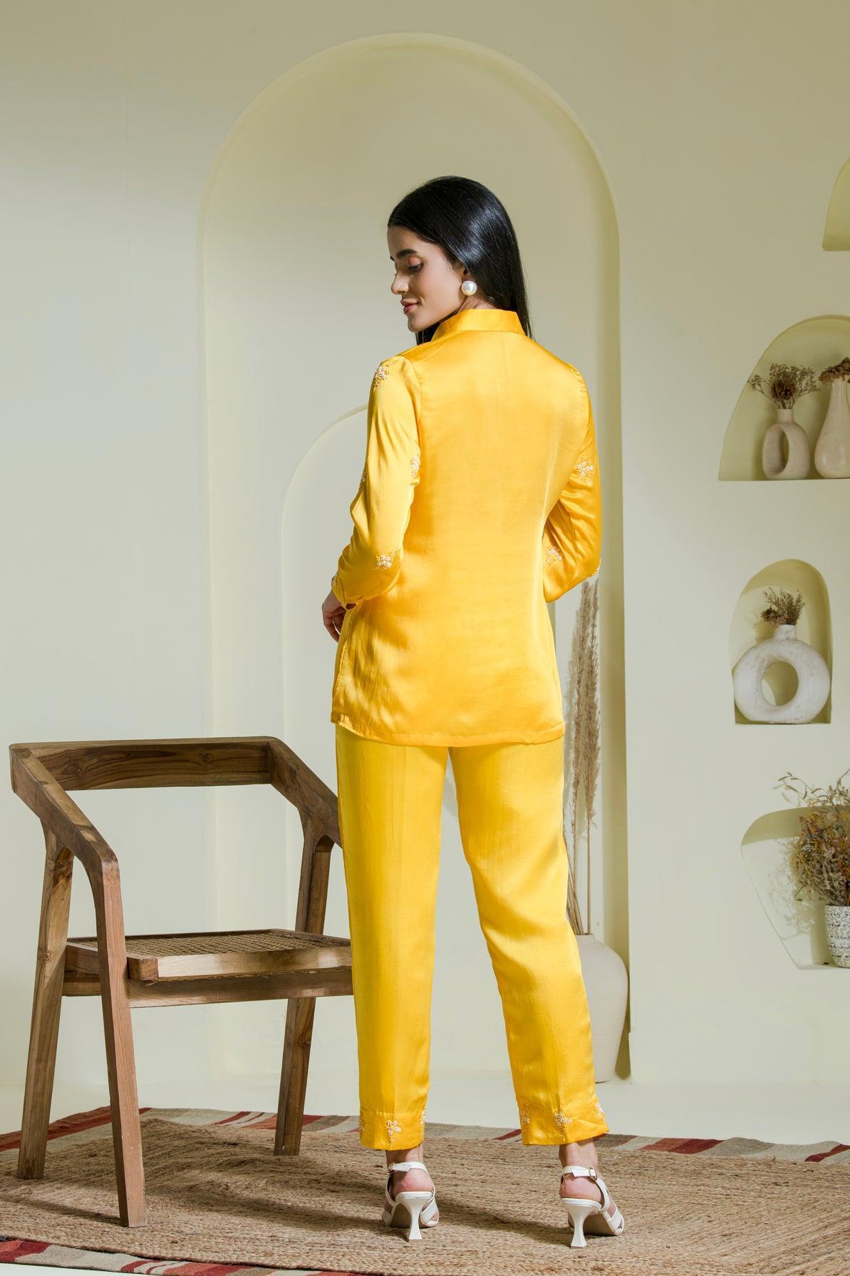 Designer Sunshine_Yellow_Hand_Embroidered_Satin_Shirt back view