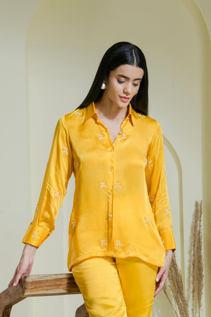 Designer Sunshine Yellow Satin Embroidered co-ord set for women front