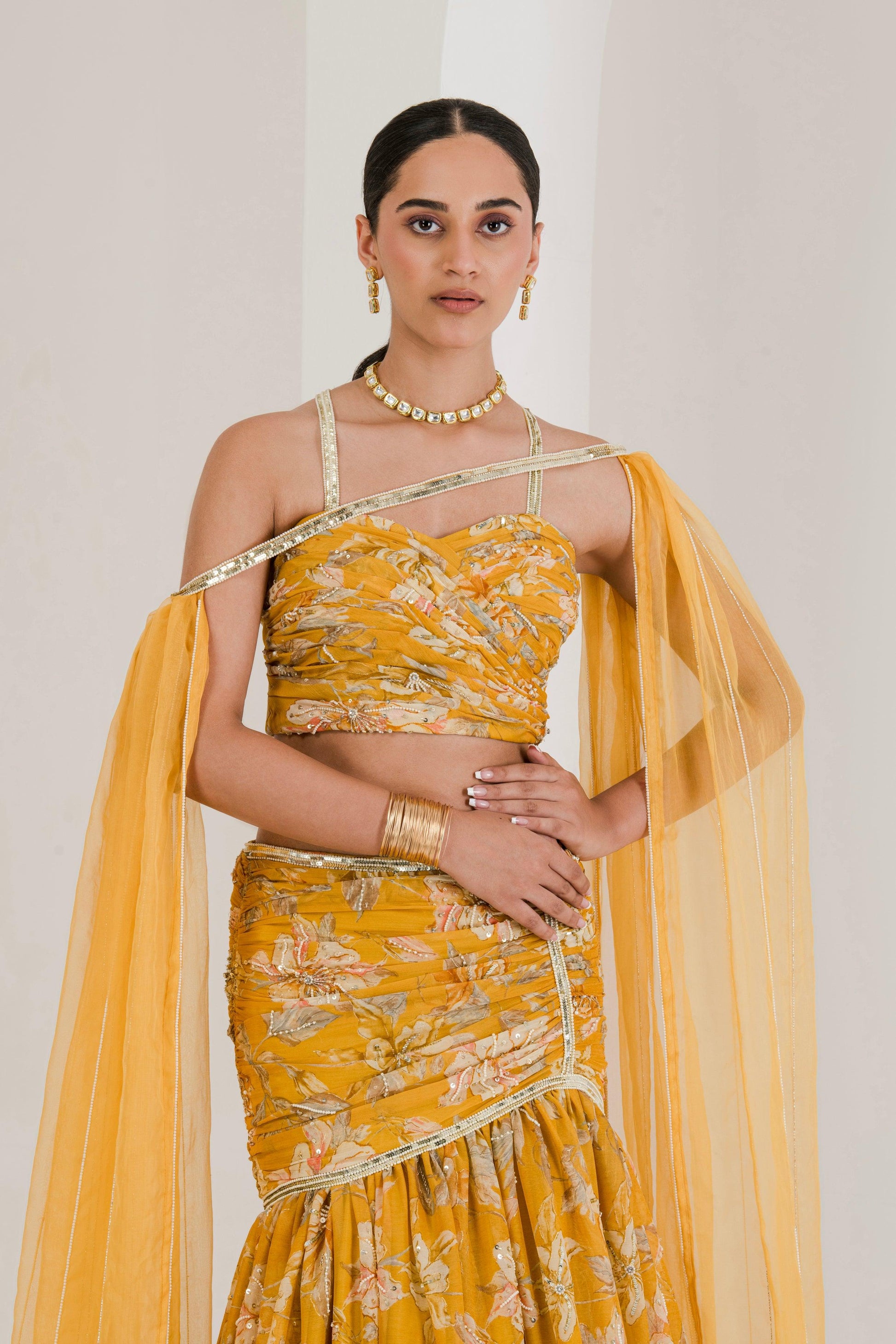 Designer Yellow Floral Print Draped Lehenga for women
