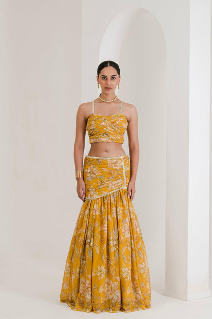 Designer Yellow Floral Print Draped Lehenga for women front pose