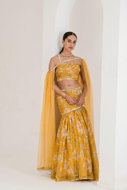 Designer Yellow Floral Print Draped Lehenga for women frontpose