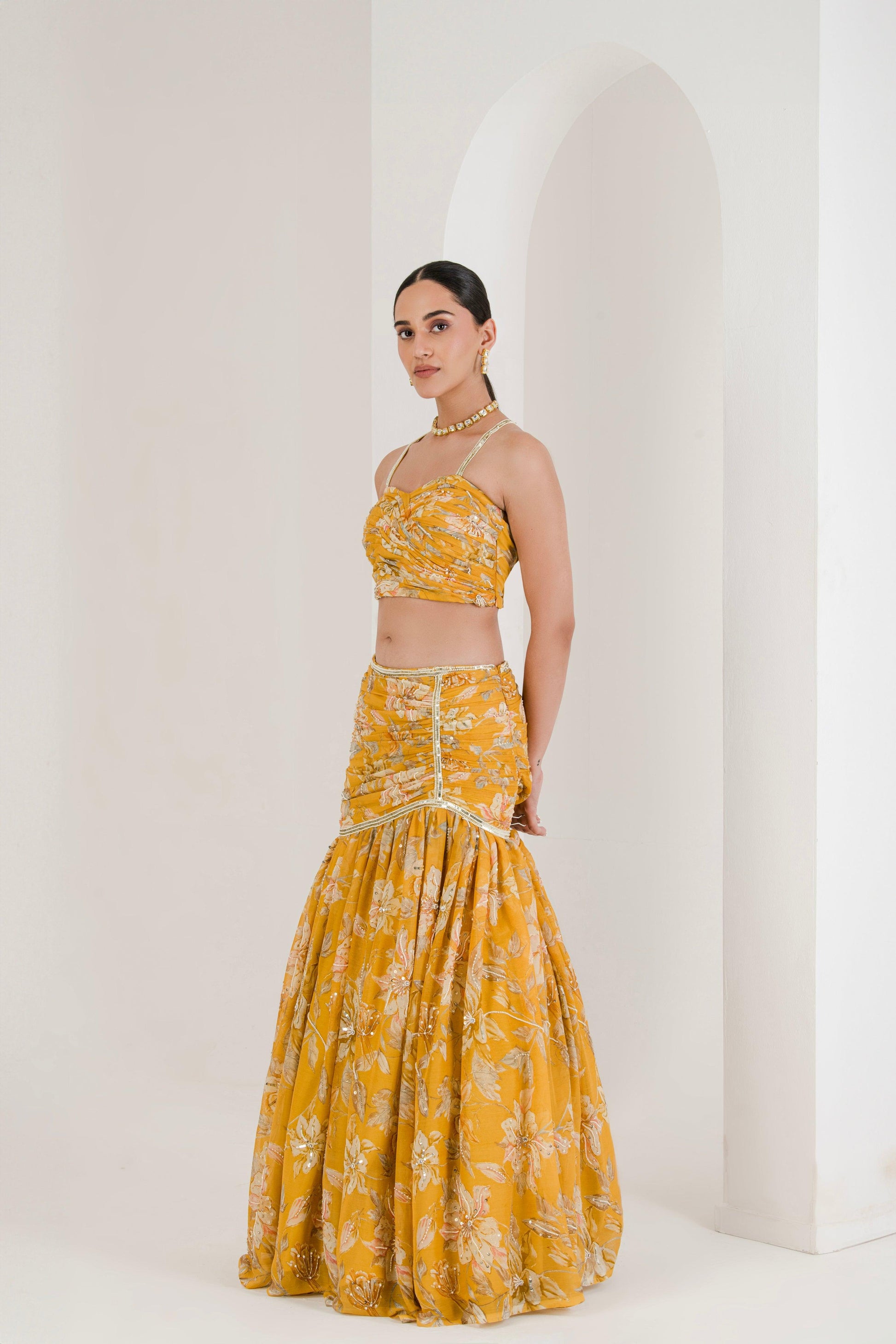 Designer Yellow Floral Print Draped Lehenga for women side pose