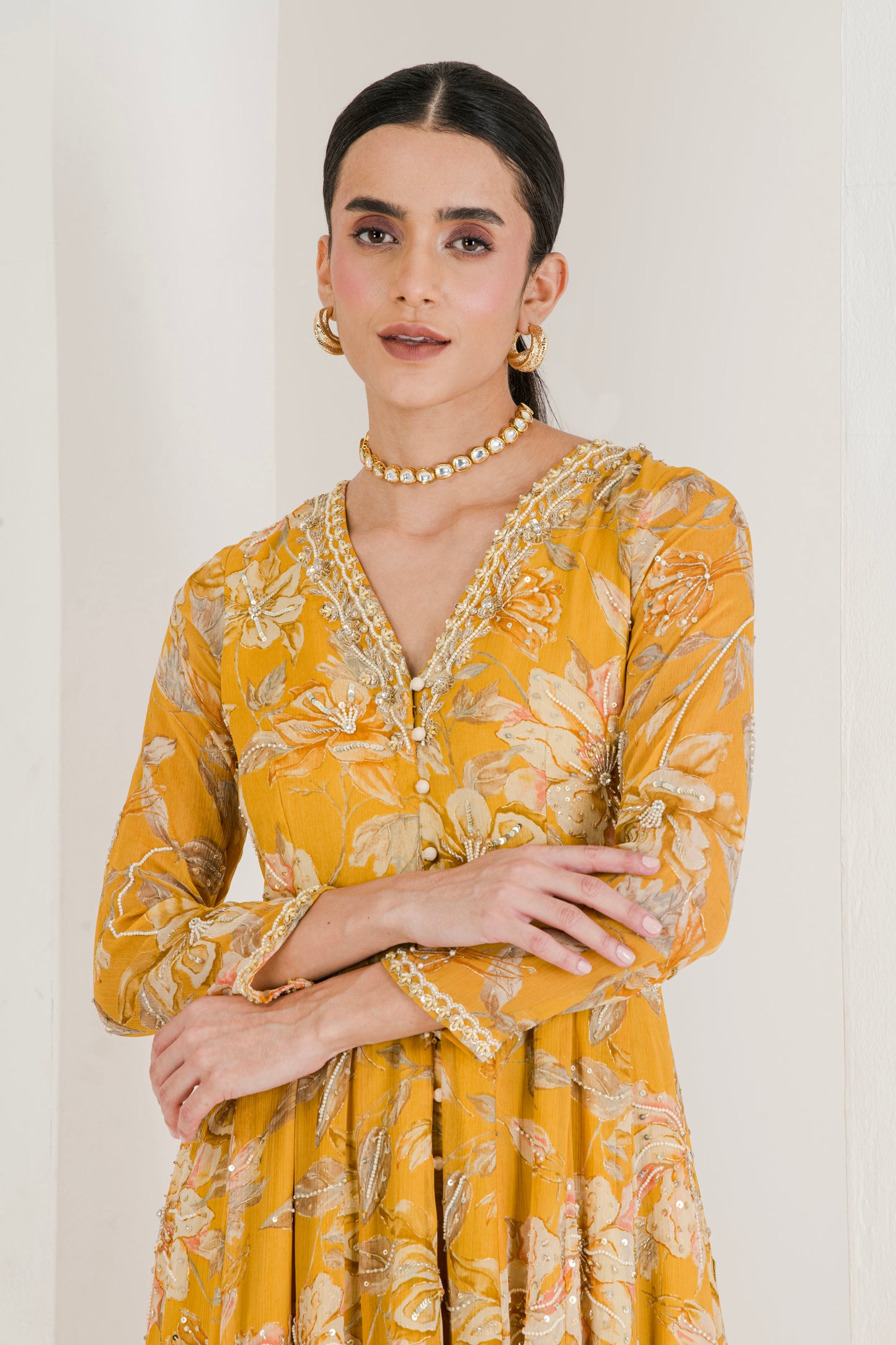 Yellow Floral Print Hand Embroidered Anarkali (Set of 3)