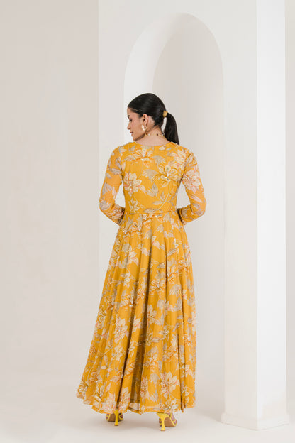 Yellow Floral Print Hand Embroidered Anarkali (Set of 3)