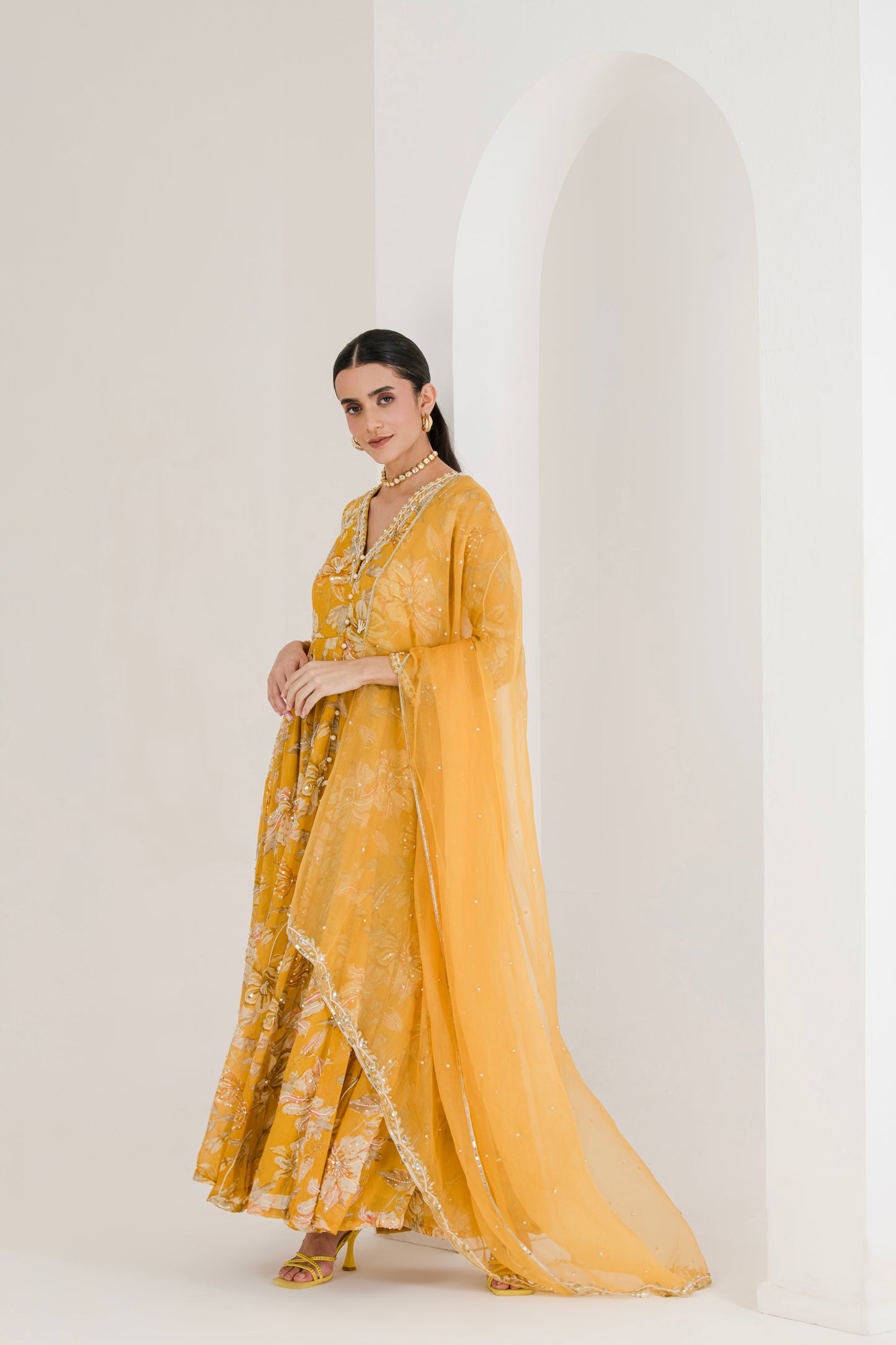 Yellow Floral Print Hand Embroidered Anarkali (Set of 3)