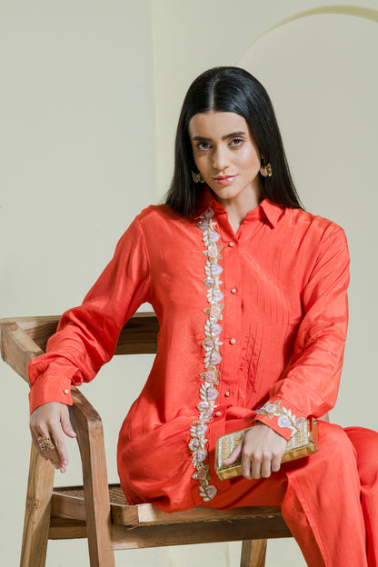 Tangerine Hand Embroidered Cotton Shirt