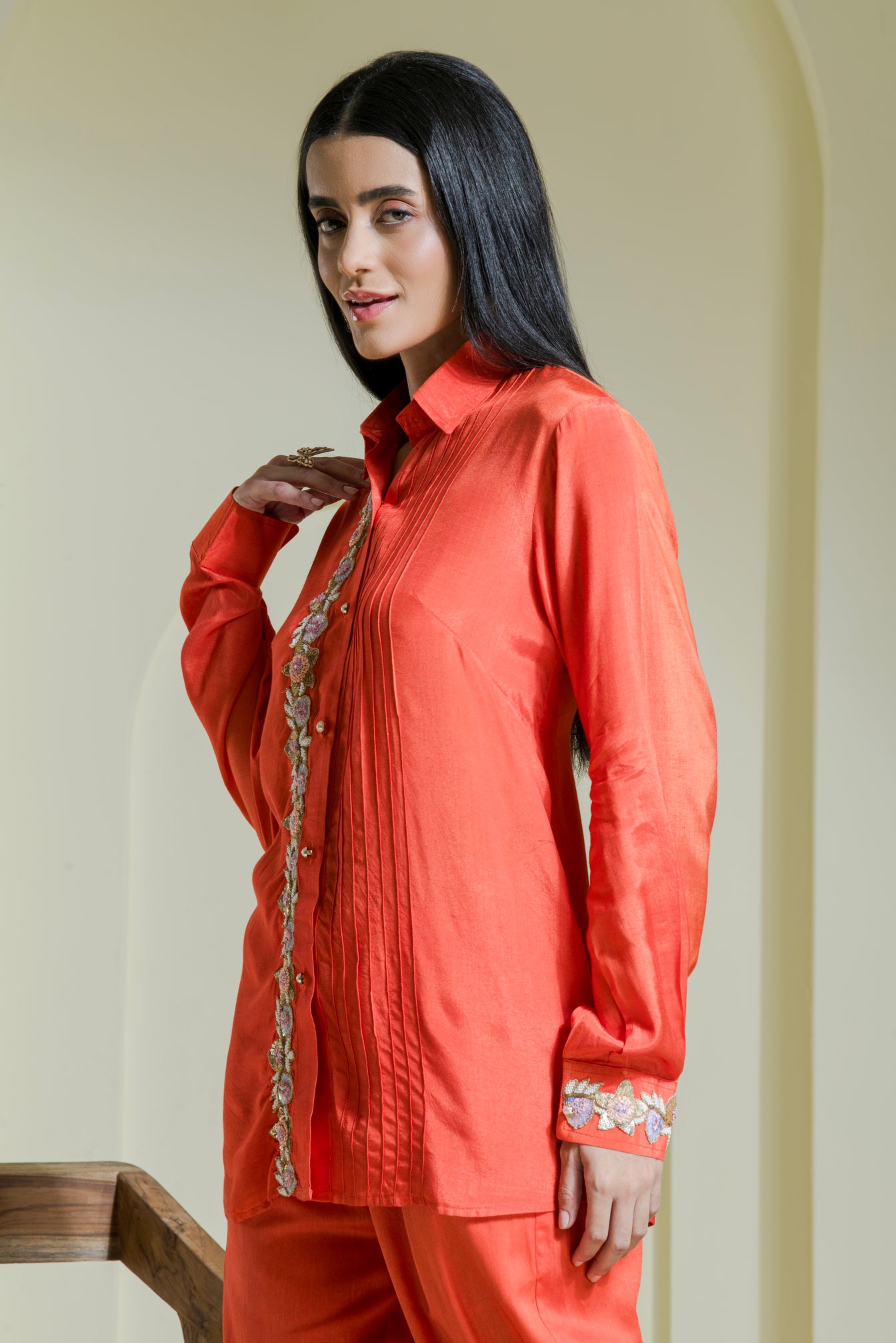 Tangerine Hand Embroidered Cotton Shirt