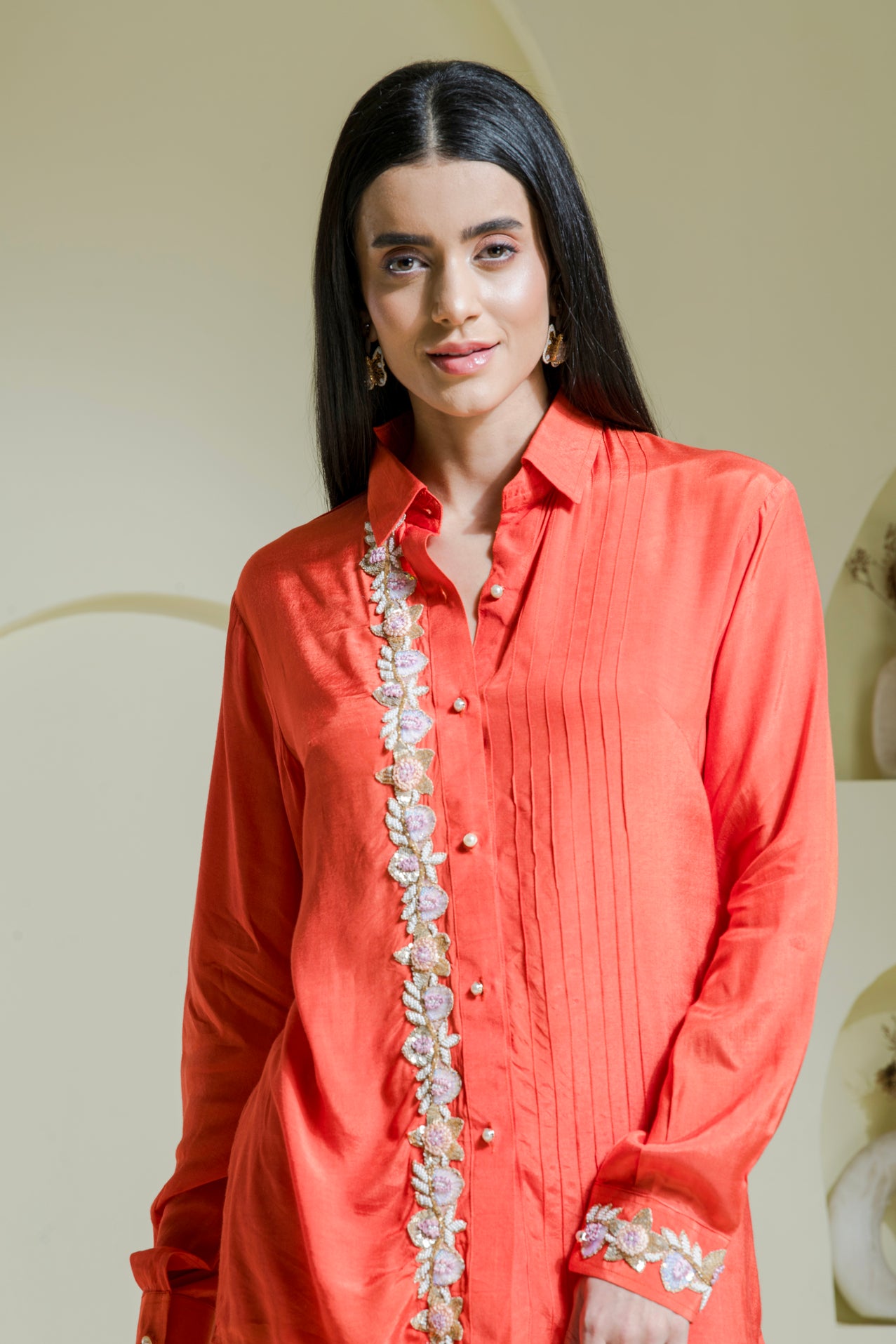 Tangerine Hand Embroidered Cotton Shirt