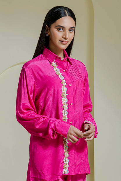 Magenta Hand Embroidered Cotton Shirt