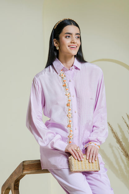 Lilac Hand Embroidered Cotton Shirt