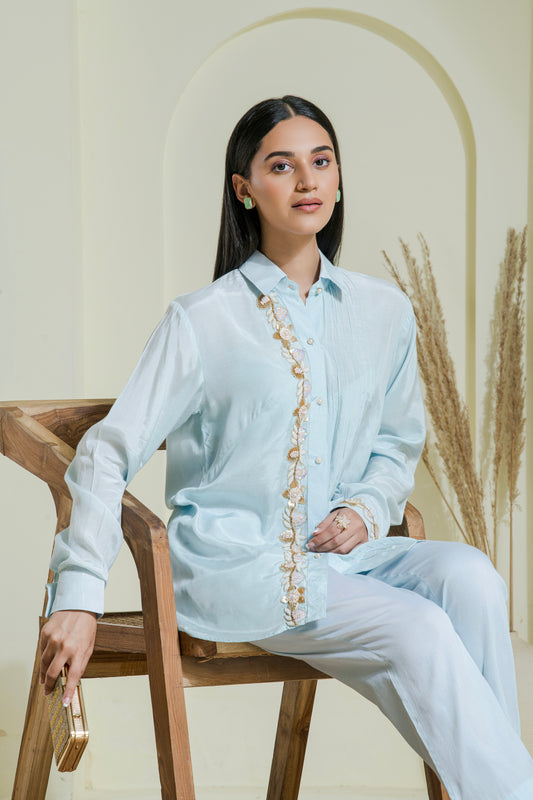 Powder Blue Hand Embroidered Cotton Shirt