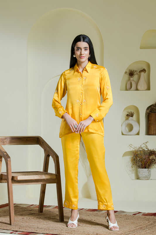 Sunshine Yellow Satin Embroidered co-ord (set of 2)