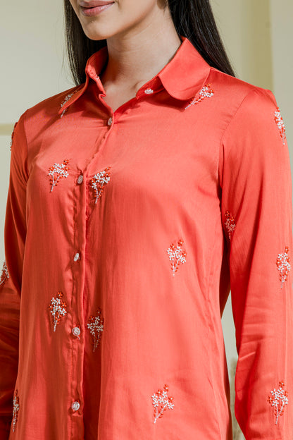 Vivid Orange Hand Embroidered Satin Shirt