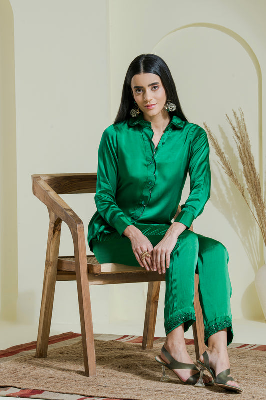 Emerald Green Hand Embroidered Satin Shirt