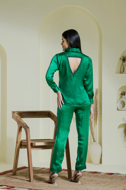 Emerald Green Hand Embroidered Satin Shirt