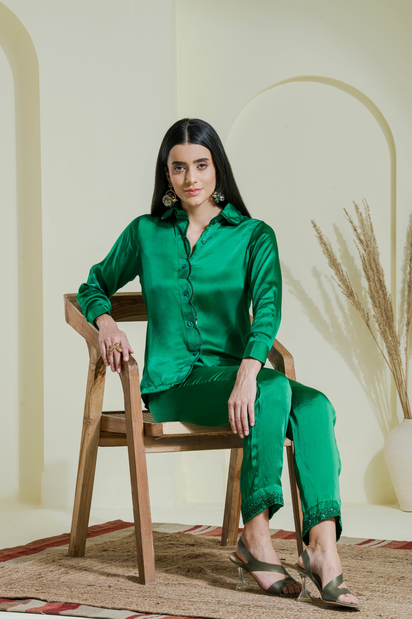 Emerald Green Hand Embroidered Satin Shirt