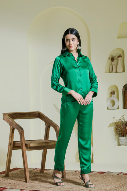 Emerald Green Hand Embroidered Satin Shirt