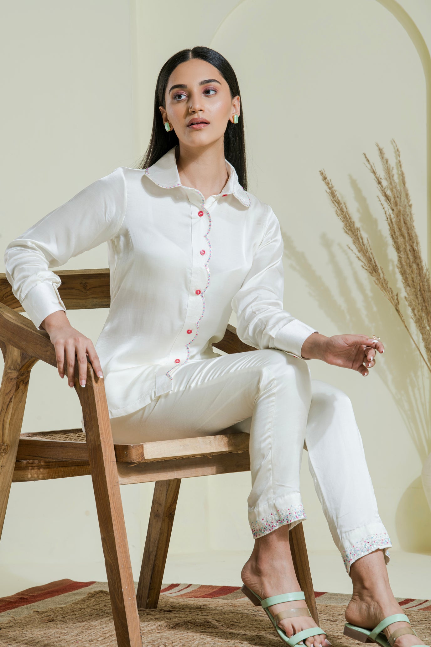 White Multi Coloured Hand Embroidered Satin Shirt