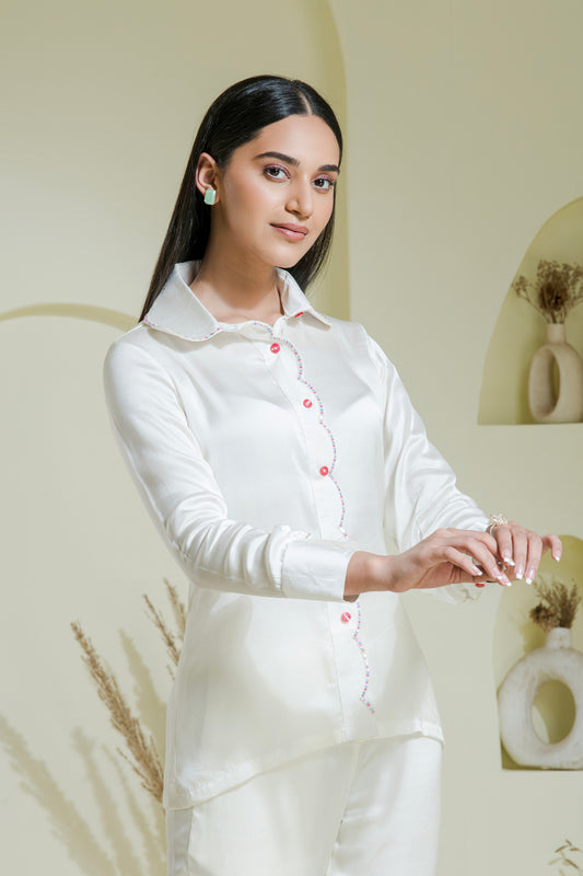 White Multi Coloured Hand Embroidered Satin Shirt