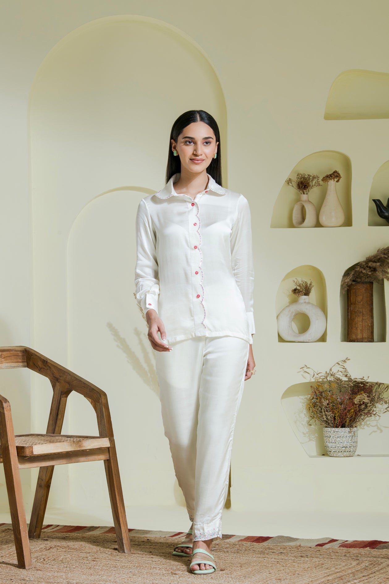 White Multi Coloured Hand Embroidered Satin Shirt