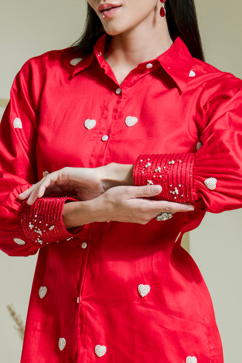 Crimson Red Heart Embroidered Cotton Shirt