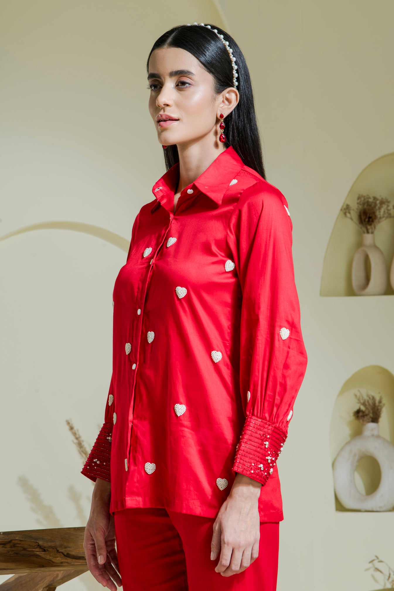 Crimson Red Heart Embroidered Cotton Shirt