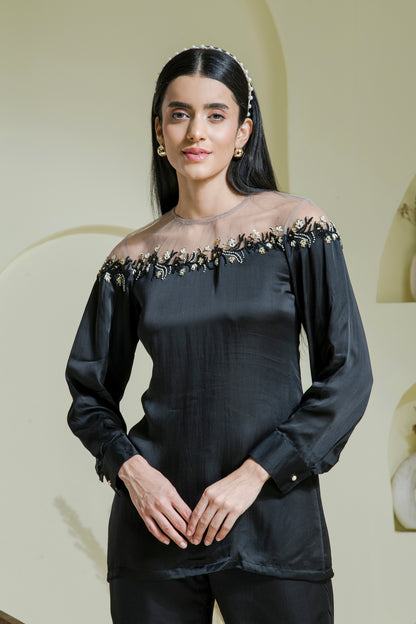 Black Hand Embroidered Satin Shirt