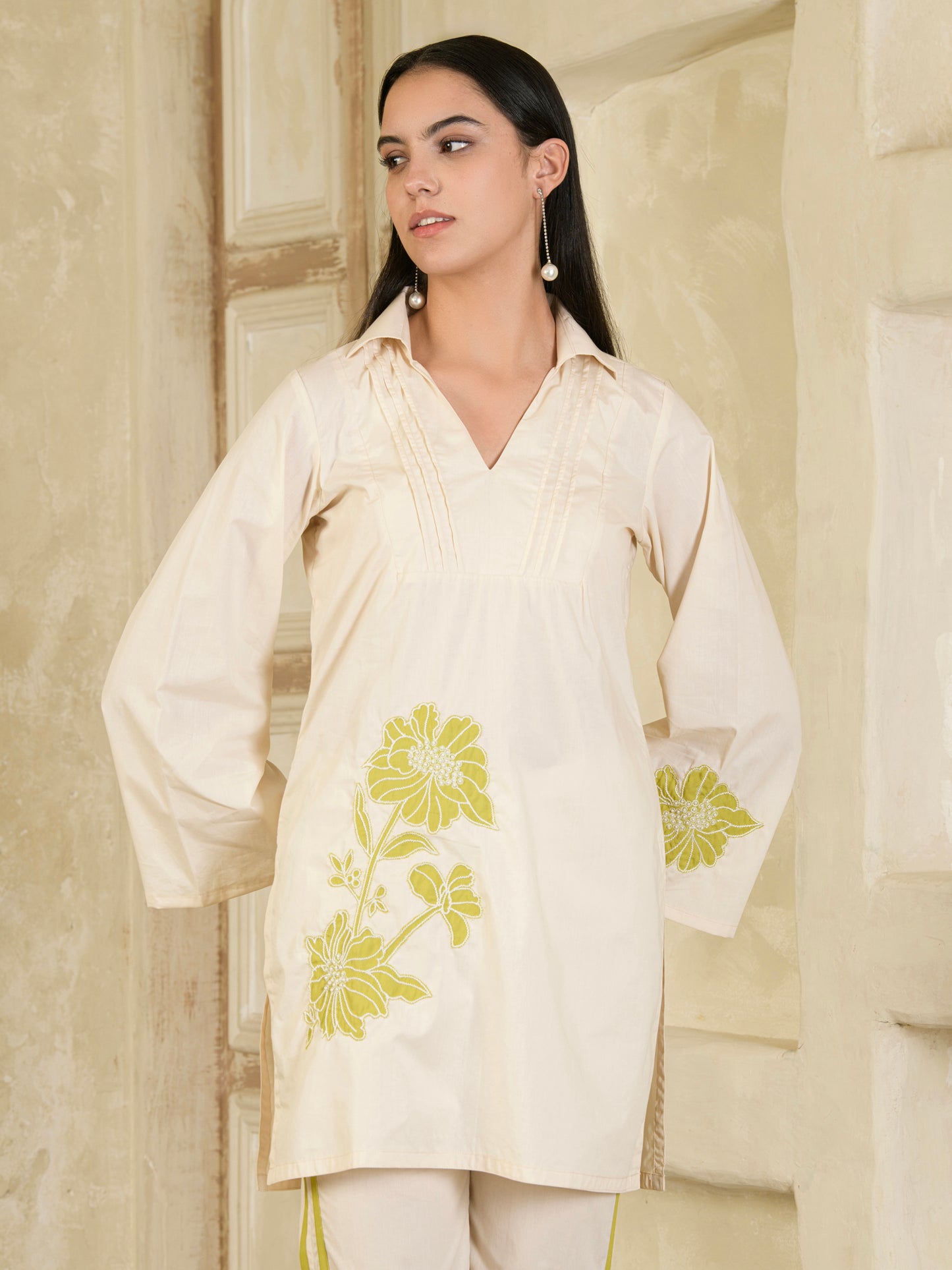 Beige & Green Hand Embroidered Co-ord ( Set of 2 )