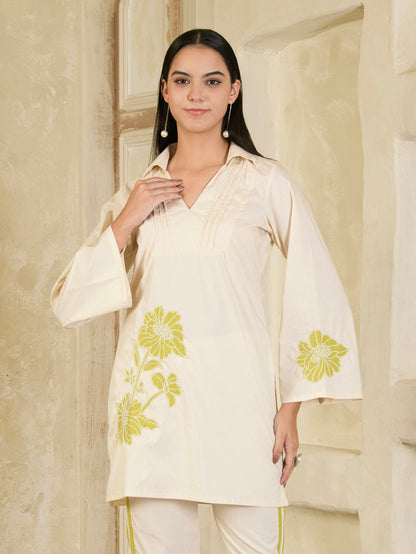 Beige & Green Hand Embroidered Co-ord ( Set of 2 )