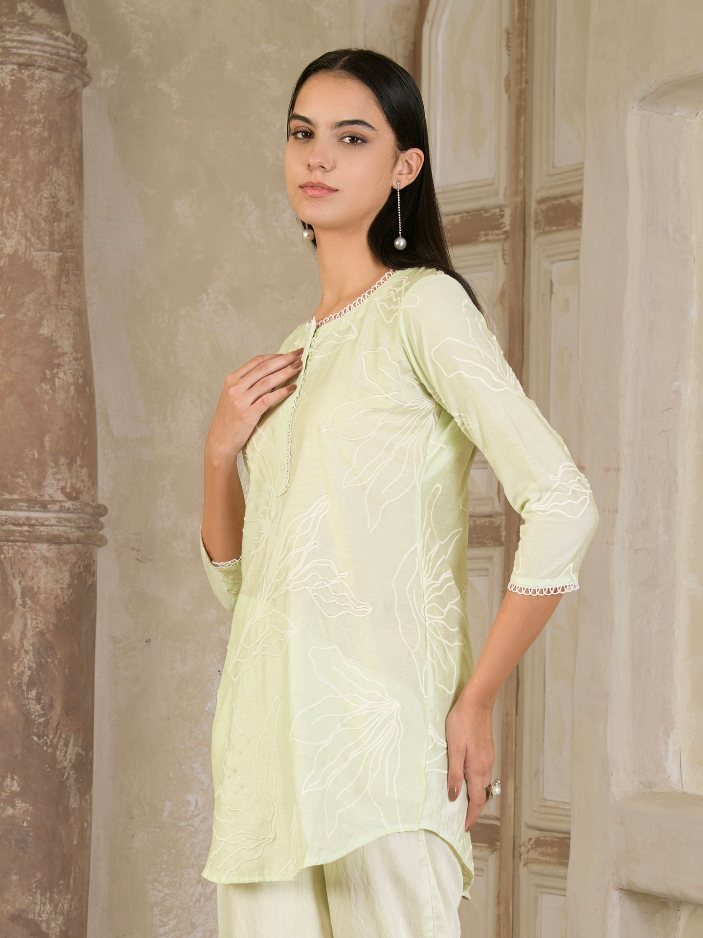 Pastel Green Embroidered Chanderi Co-ord ( Set of 2 )