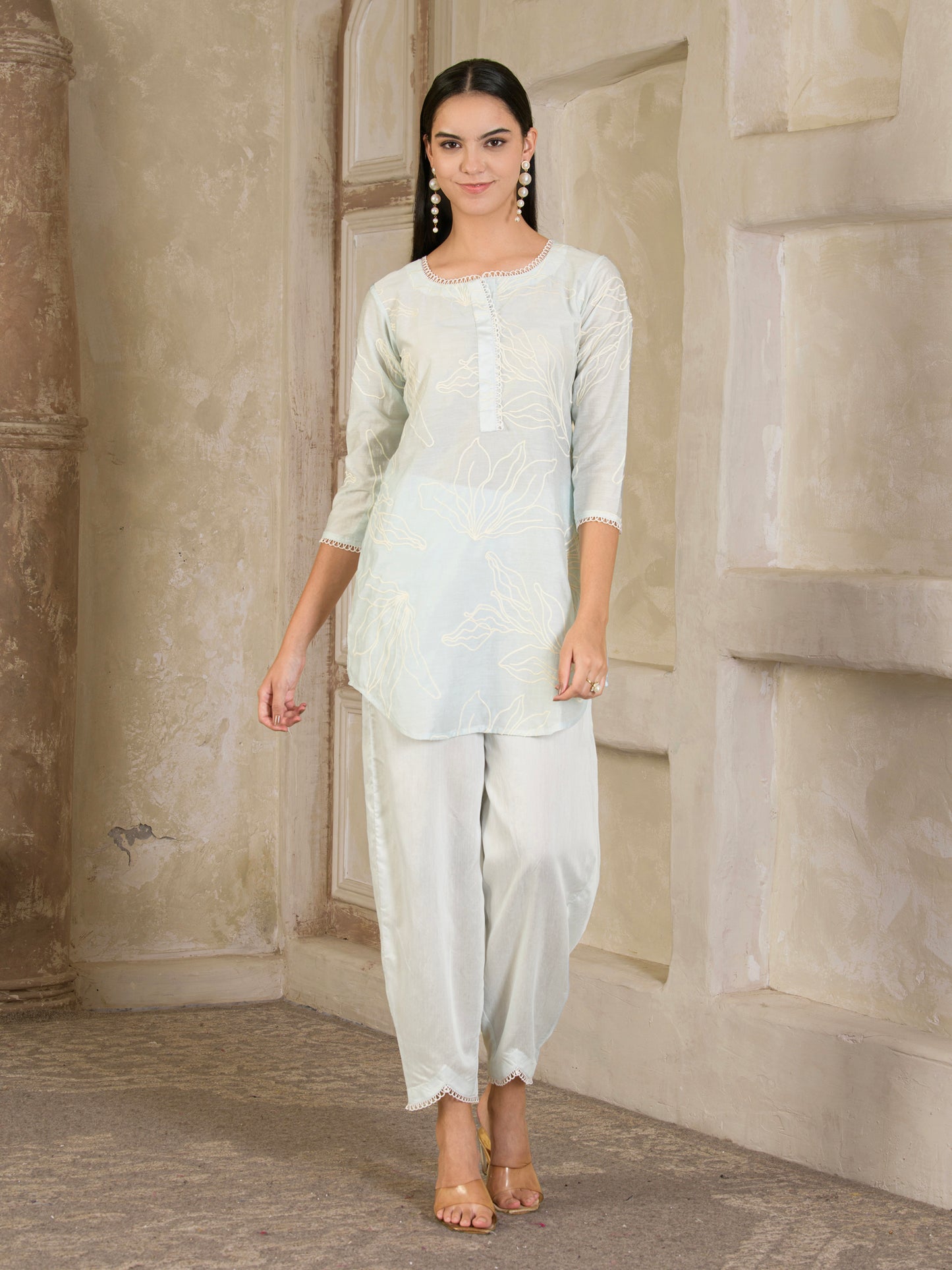 PastelBlue Embroidered Chanderi Co-ord ( Set of 2 )