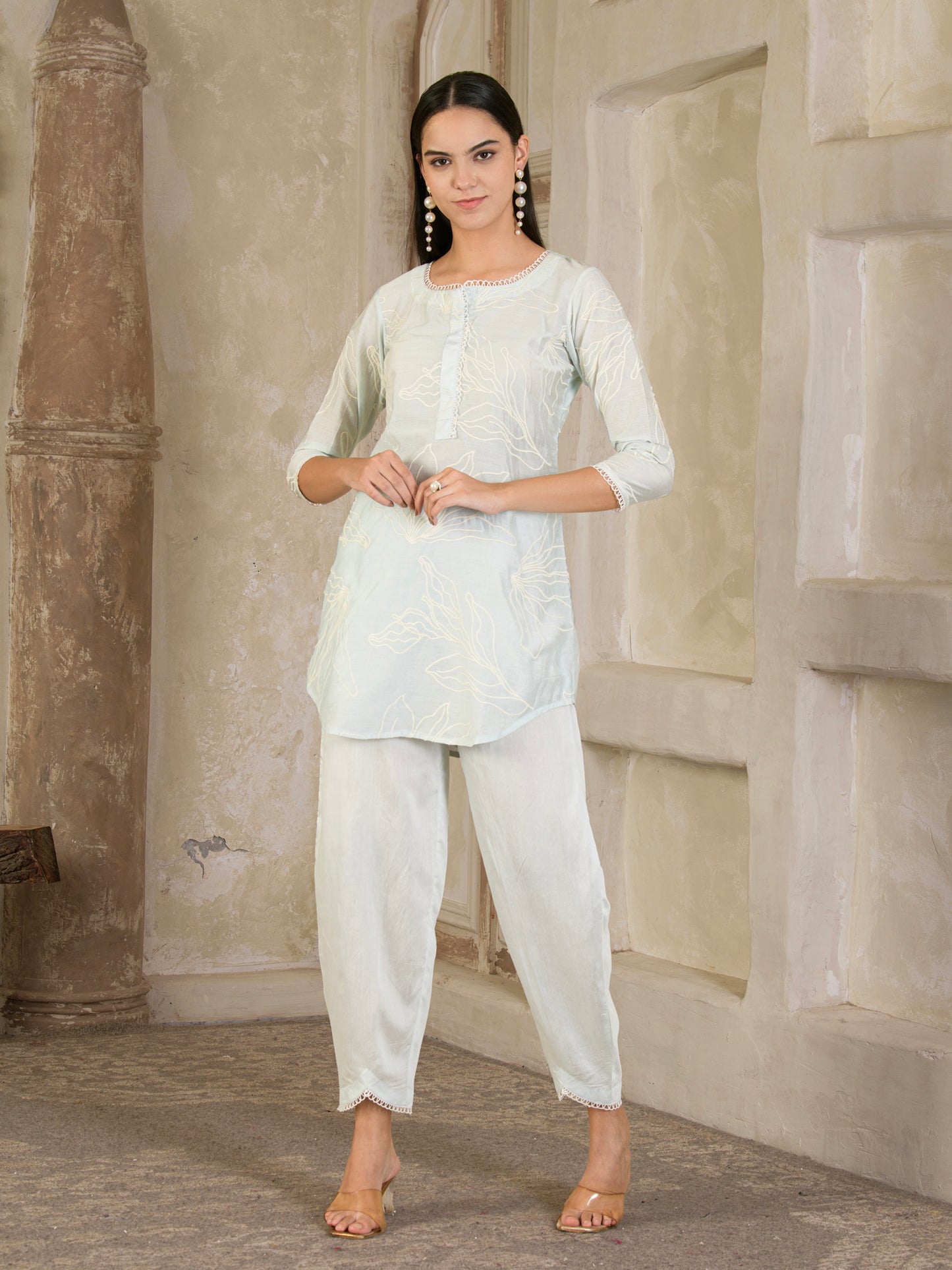PastelBlue Embroidered Chanderi Co-ord ( Set of 2 )
