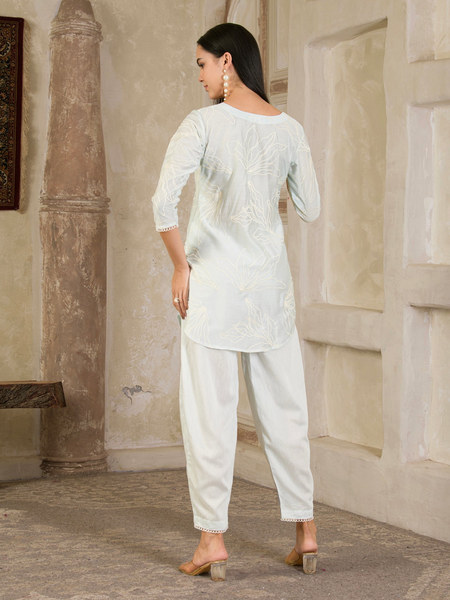 PastelBlue Embroidered Chanderi Co-ord ( Set of 2 )