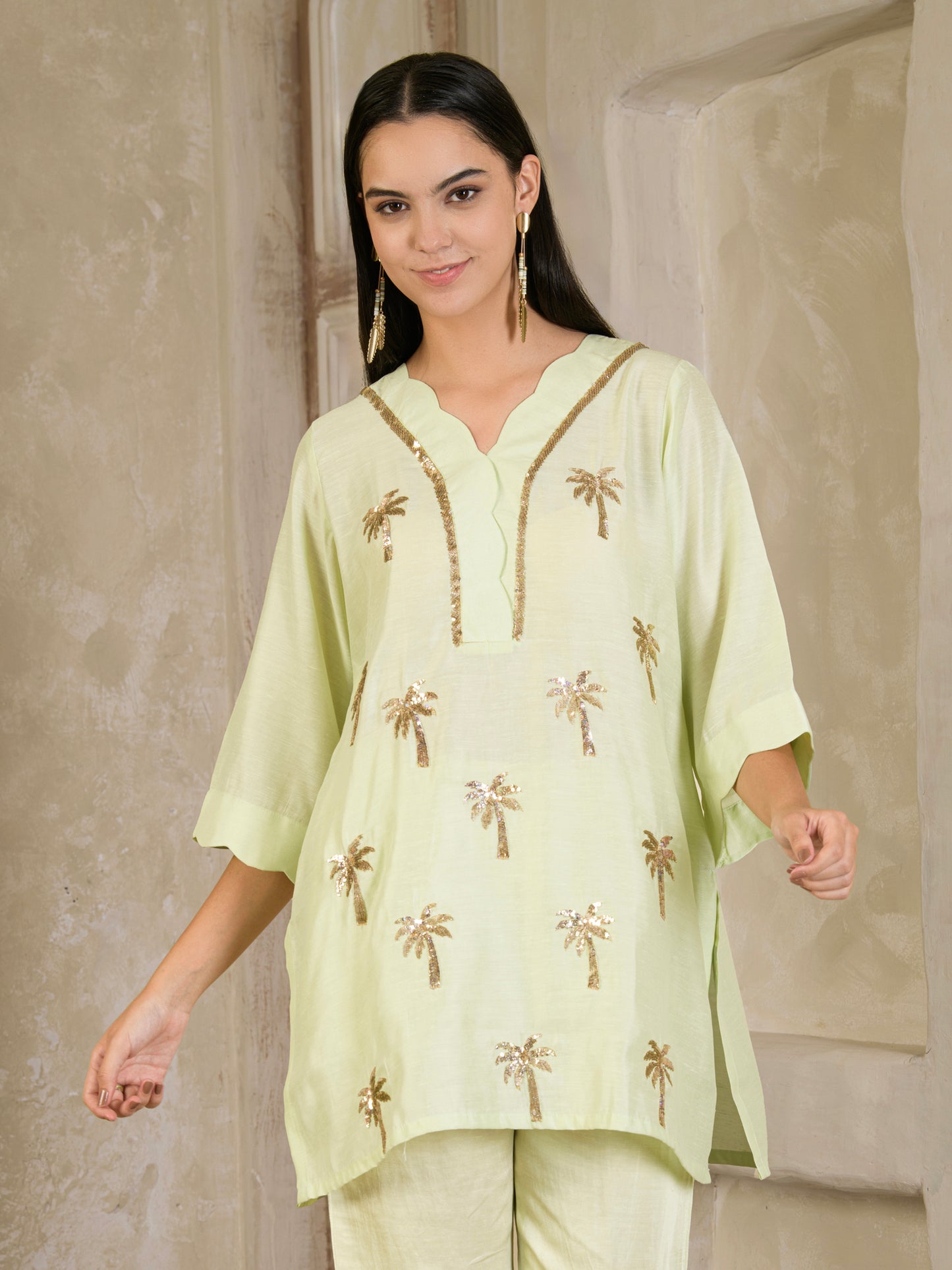 Pista Green Hand Embroidered Chanderi Co-ord (set of 2 )