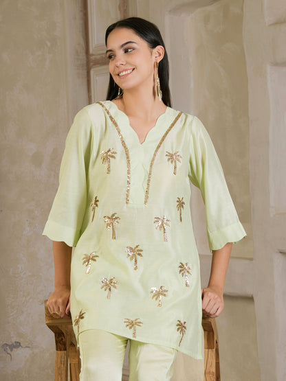 Pista Green Hand Embroidered Chanderi Co-ord (set of 2 )