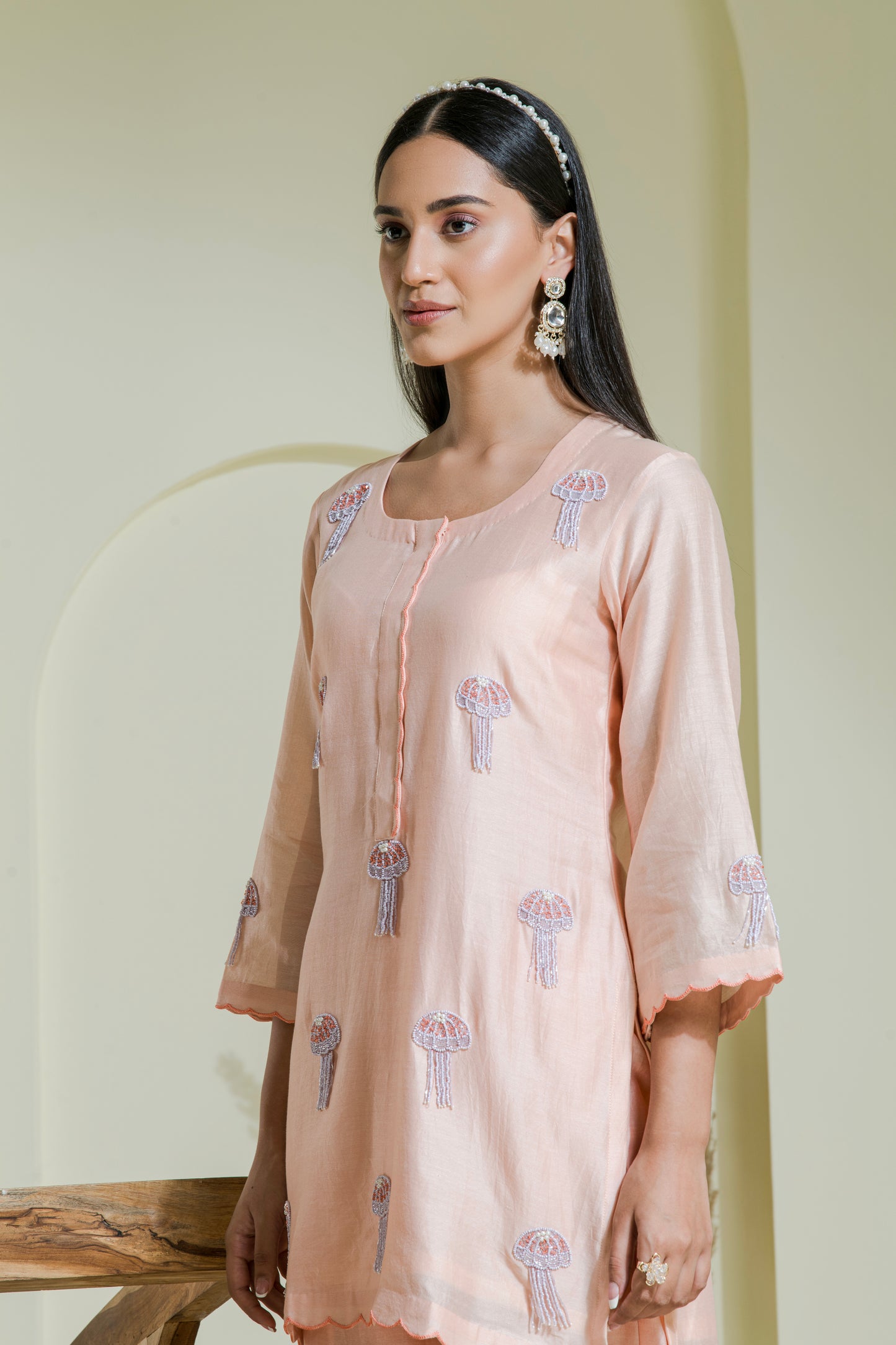 Peach & Lavender Hand Embroidered Chanderi Kurta Set ( Set of 2 )