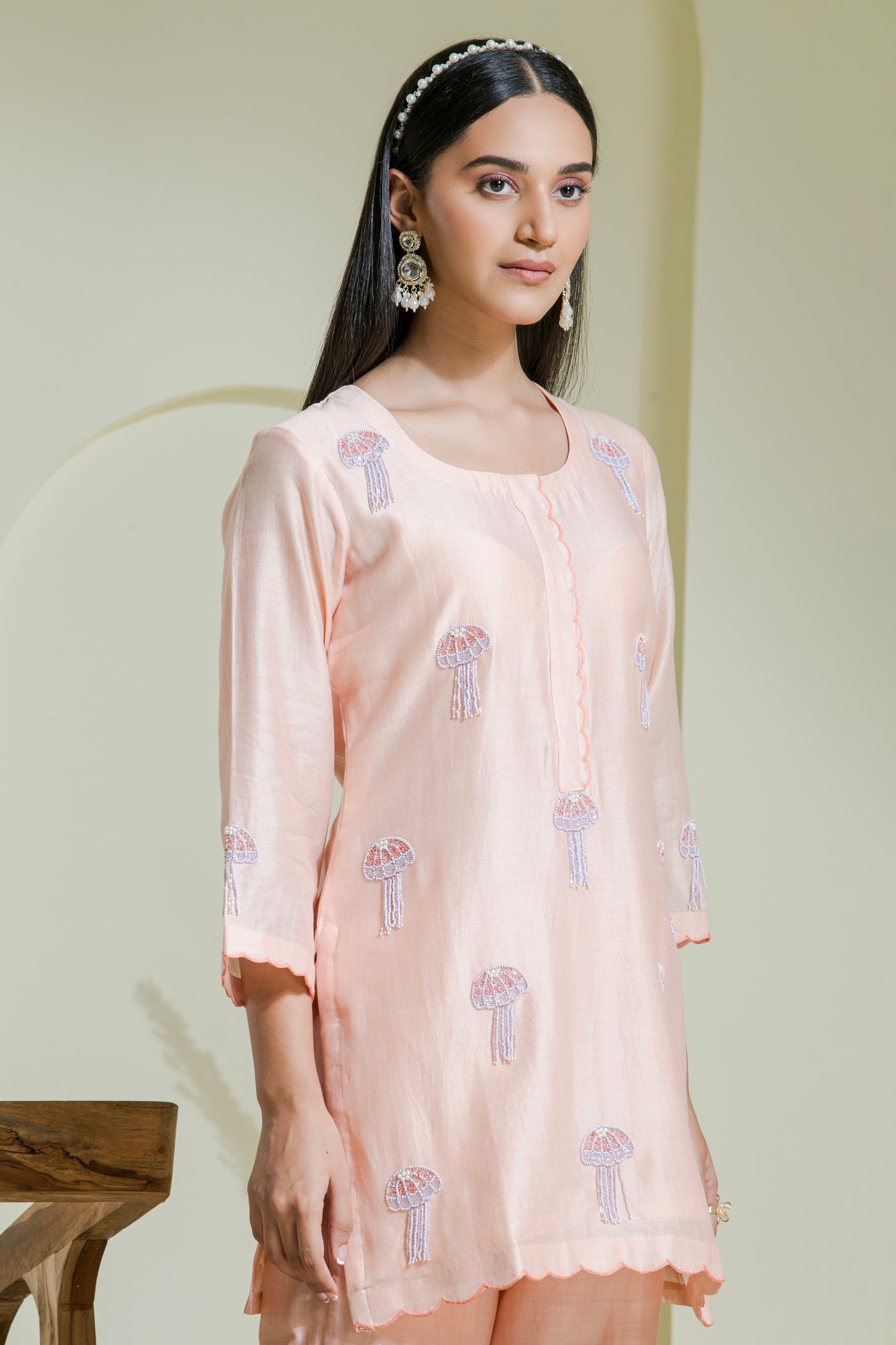 Peach & Lavender Hand Embroidered Chanderi Kurta Set ( Set of 2 )