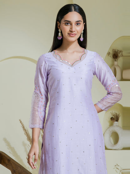 Lavender Hand Embroidered Chanderi Kurta Set ( Set of 2 )