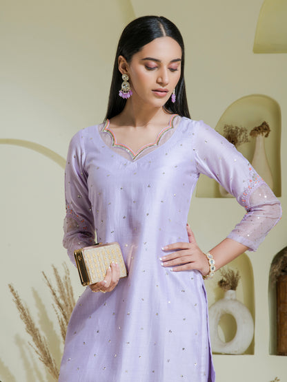 Lavender Hand Embroidered Chanderi Kurta Set ( Set of 2 )