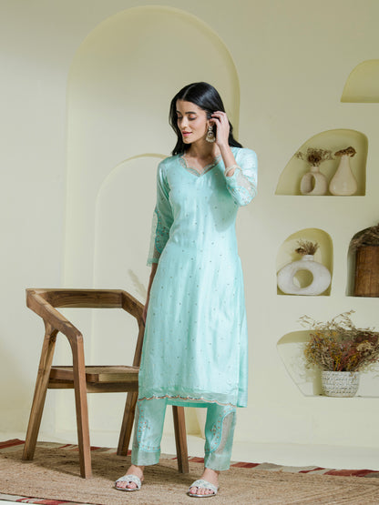 Mint Green Hand Embroidered Chanderi Kurta Set (Set of 2)