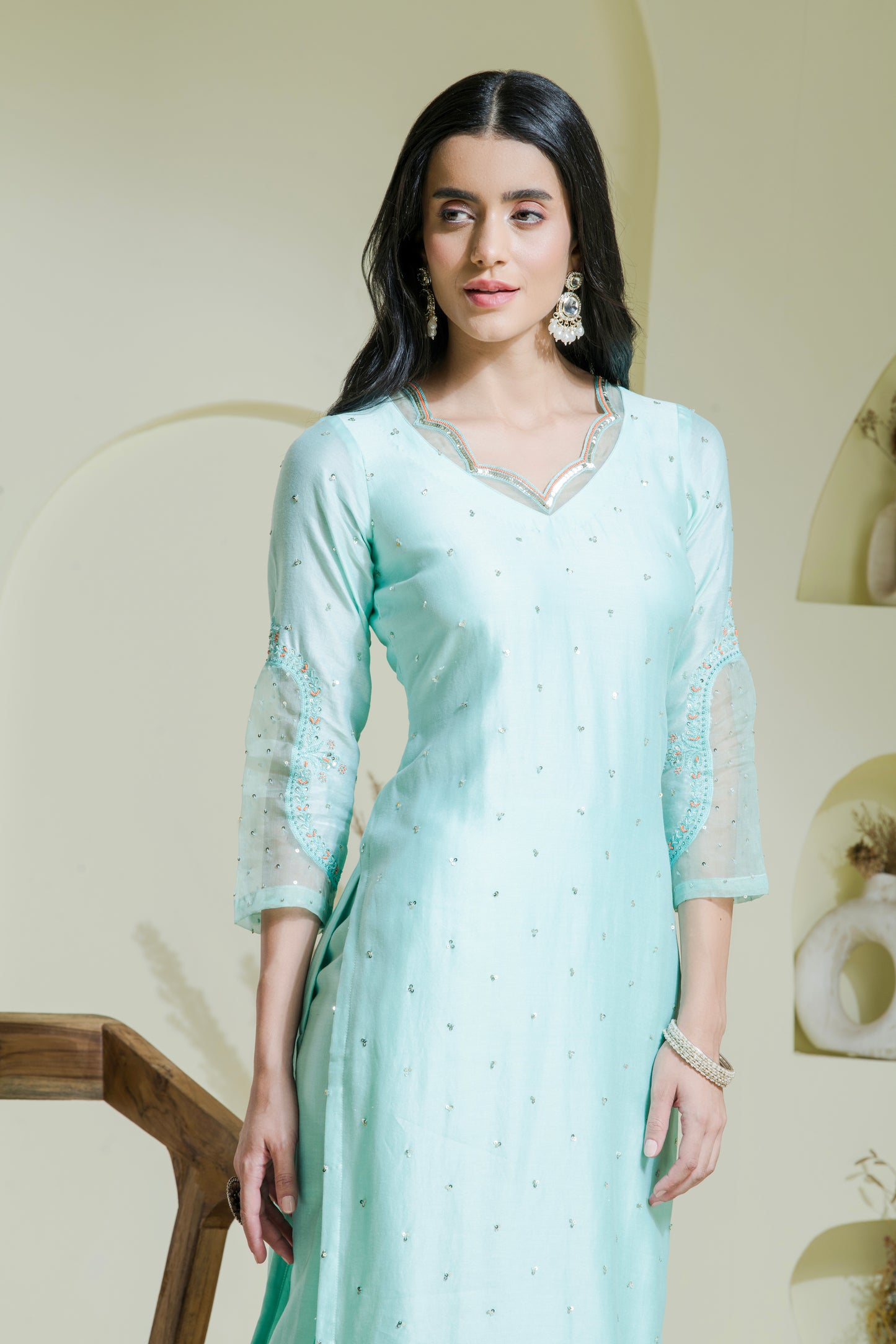 Mint Green Hand Embroidered Chanderi Kurta Set (Set of 2)