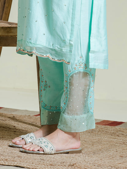 Mint Green Hand Embroidered Chanderi Kurta Set (Set of 2)