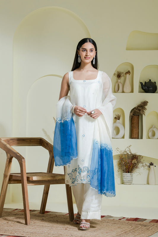 White & Blue Hand Embroidered Organza Kurta set(Set of 3)