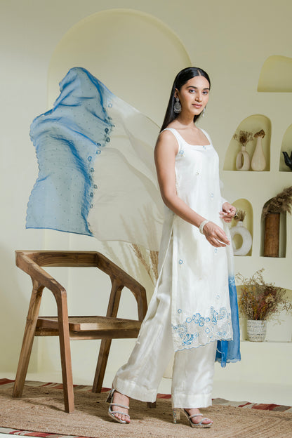 White & Blue Hand Embroidered Organza Kurta set(Set of 3)