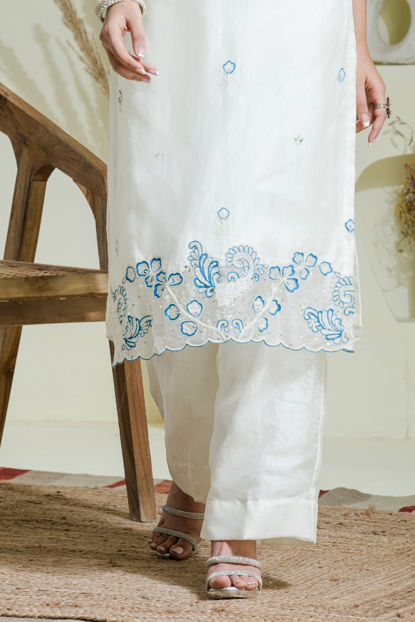 White & Blue Hand Embroidered Organza Kurta set(Set of 3)