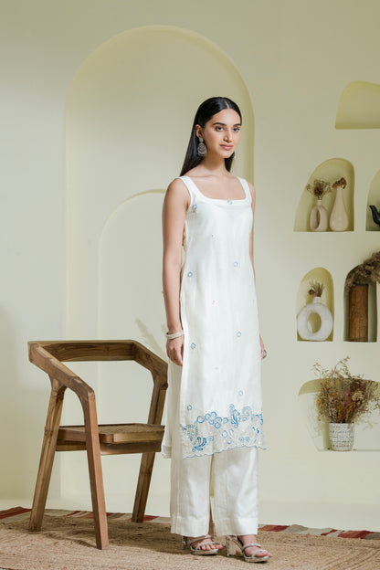 White & Blue Hand Embroidered Organza Kurta set(Set of 3)