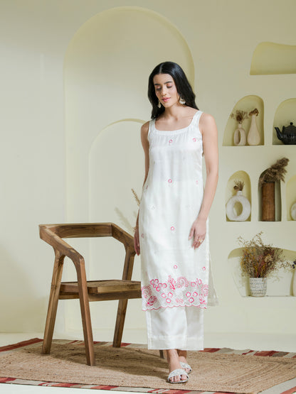 White & Pink Hand Embroidered Organza Kurta Set (set of 3)