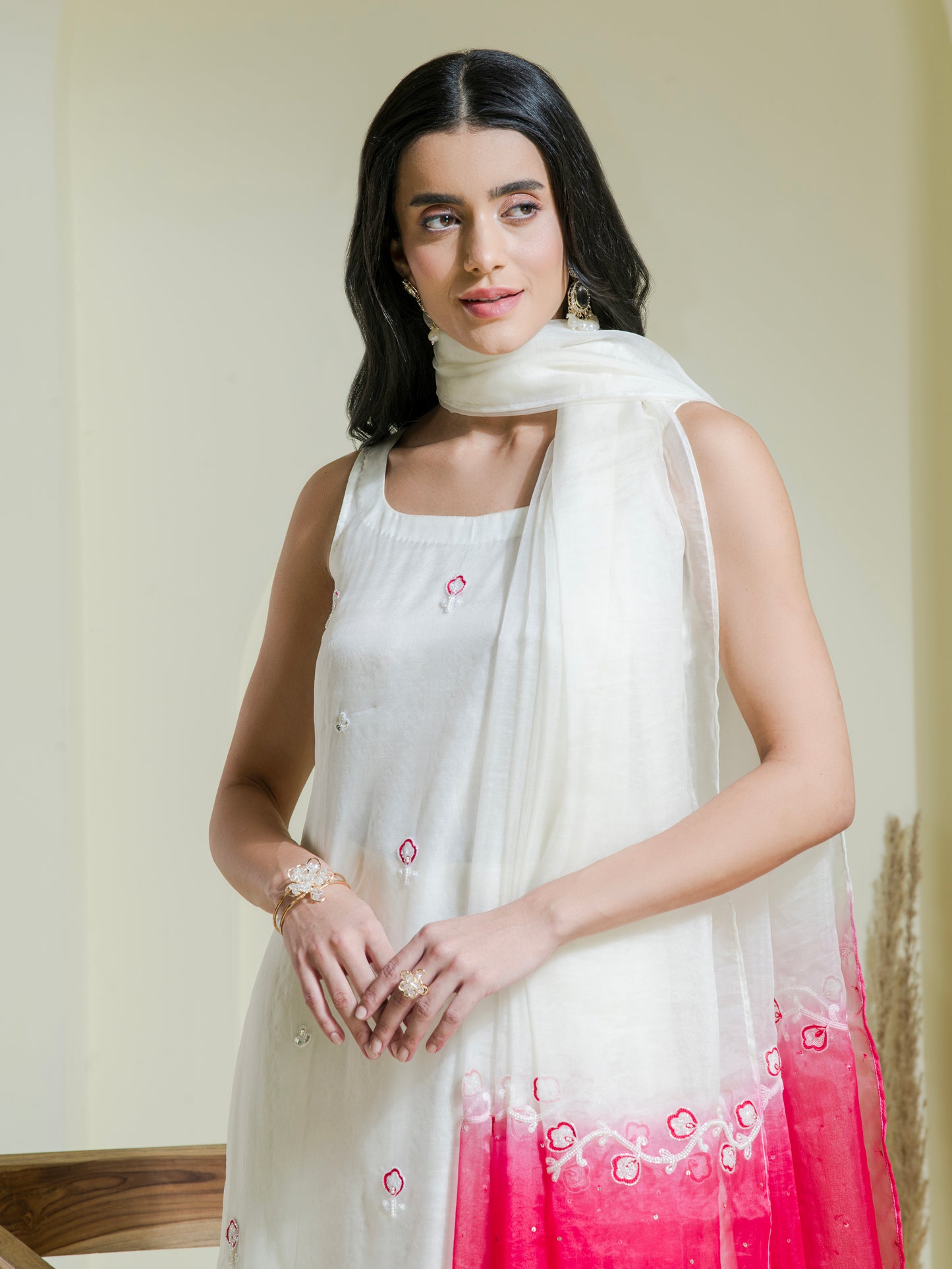 White & Pink Hand Embroidered Organza Kurta Set (set of 3)