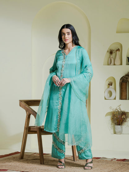 Sea Green Hand Embroidered Three Piece Kurta set (Set of 3)