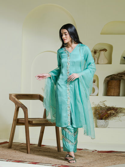 Sea Green Hand Embroidered Three Piece Kurta set (Set of 3)